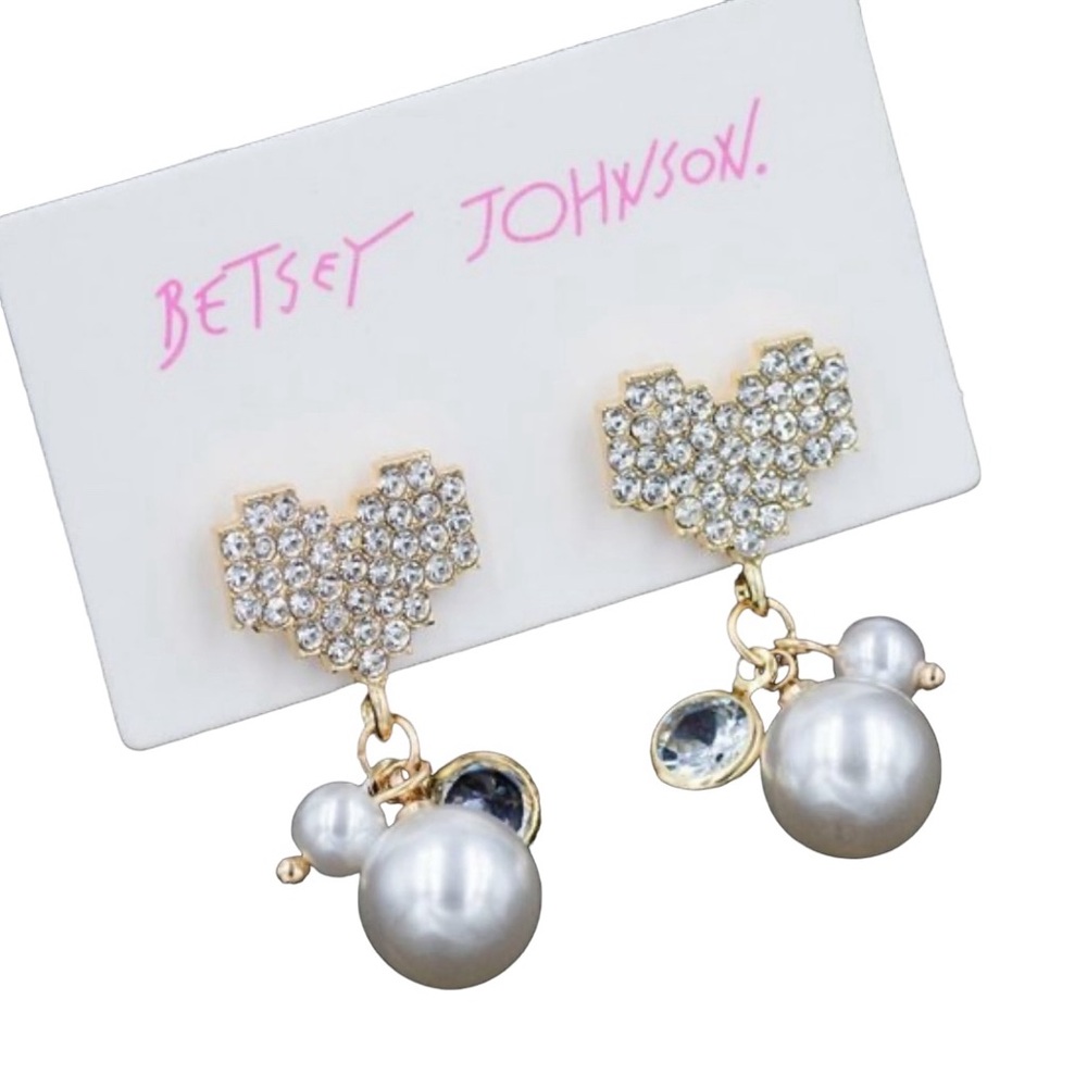 Betsey Johnson Rhinestone Crystal Pearl Love Heart‎ Drop Earrings NWT - Picture 2 of 4